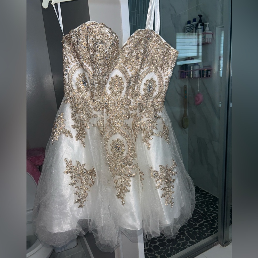Homecoming Dress. White tool with beautiful gem and gold detailing.